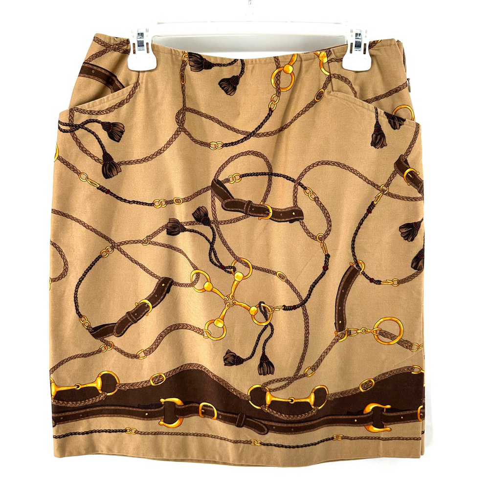 TALBOTS Gold Horsebit EQUESTRIAN Brown PREPPY Horse Bridle Skirt WOMENS 10